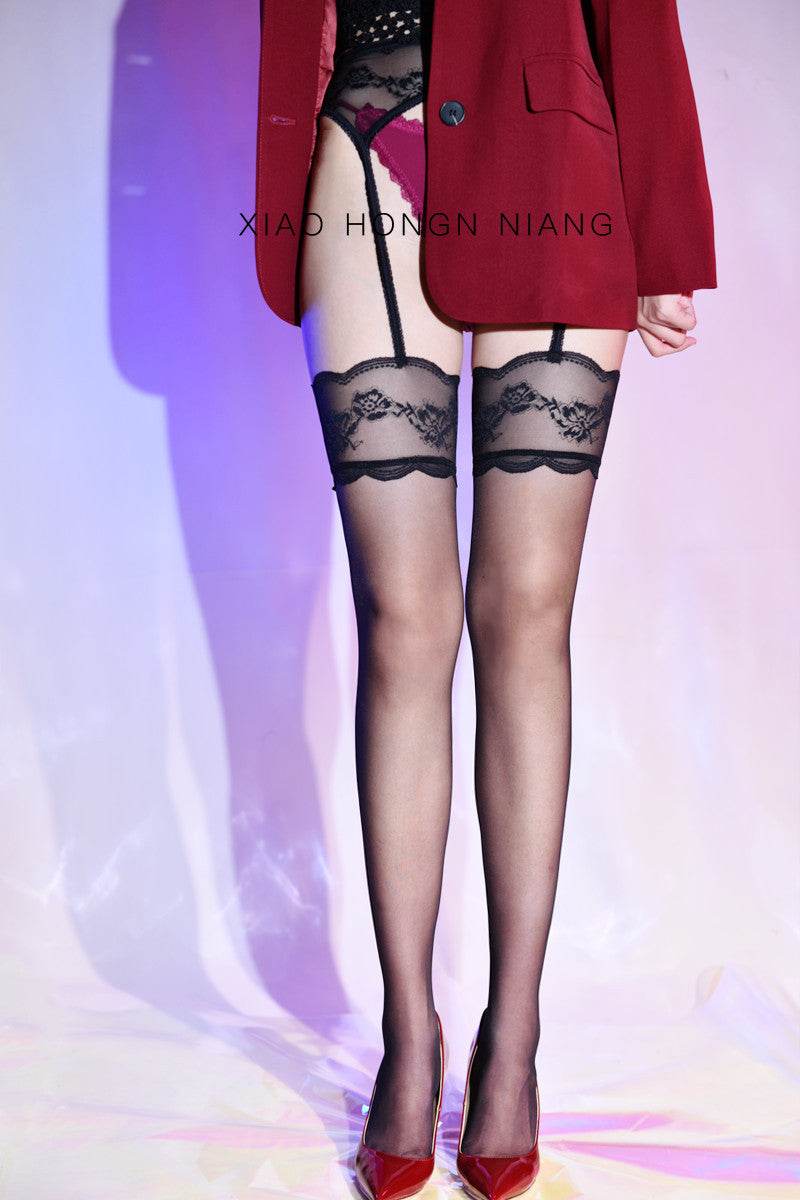 Silky Contrast Color Garter Belt Lace Stockings - Mubimart