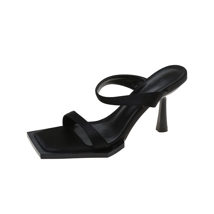 Square Toe Satin Open Toe Ankle-strap Stilettos Outdoor Slippers