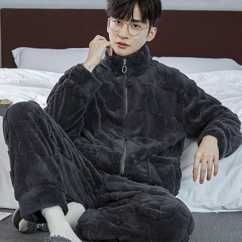 Pajamas Men's Jacquard Flannel Loose Fleece-lined Warm Loungewear - Mubimart
