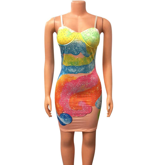 Women's Night Club Slip Rhinestone Dress - Mubimart