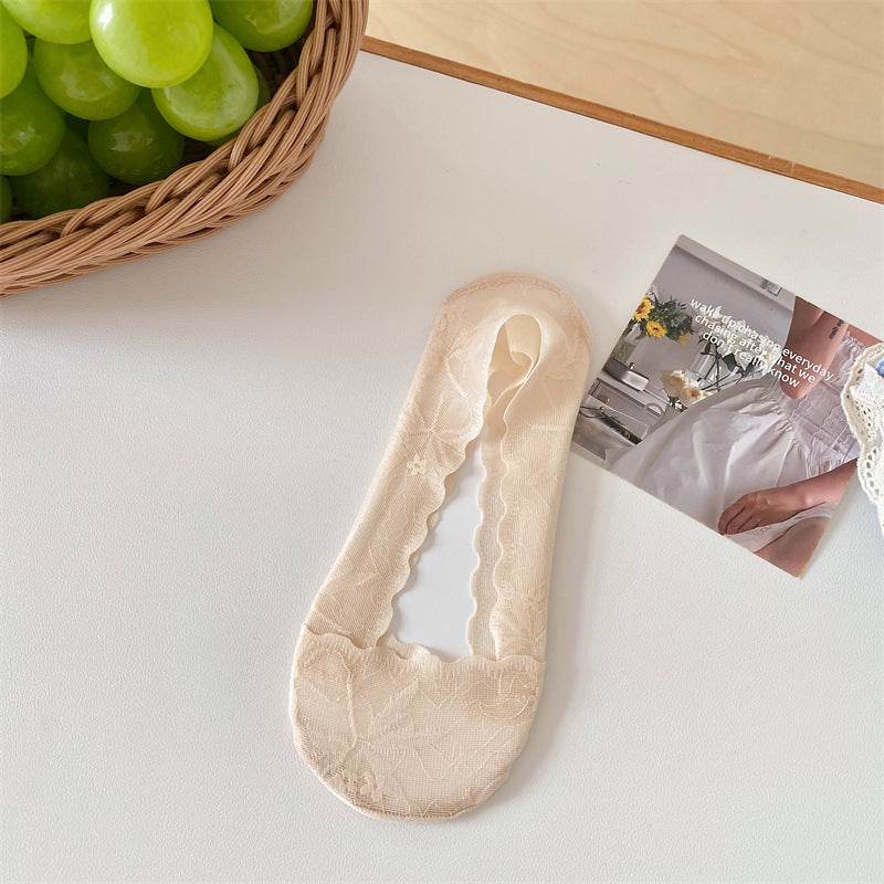 Maple Leaf Shallow Mouth Lace Invisible Terry Bottom Women's Low-cut Liners Socks - Mubimart
