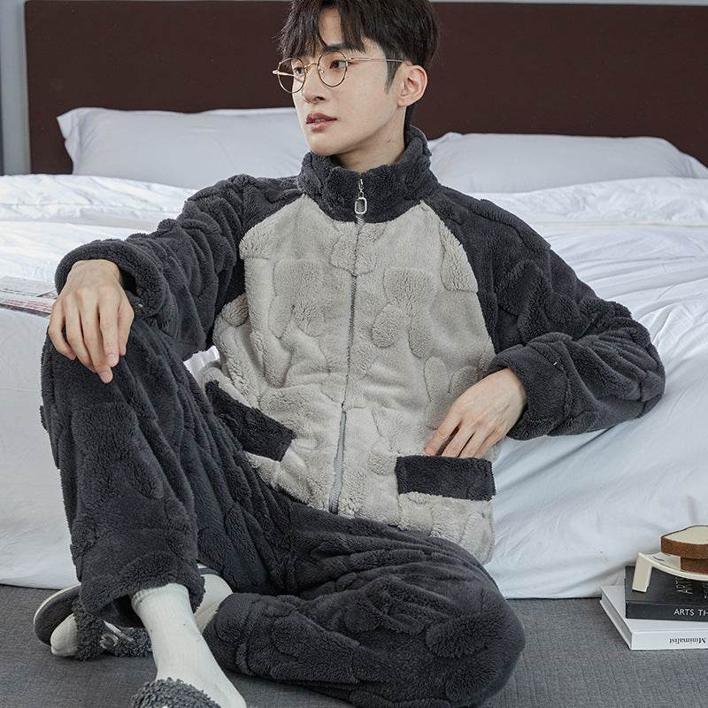 Pajamas Men's Jacquard Flannel Loose Fleece-lined Warm Loungewear - Mubimart