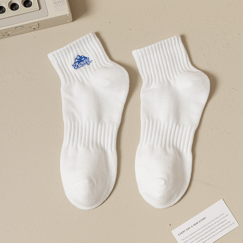 Black And White Embroidered Shark Pure Cotton Sweat Absorbing Athletic Socks - Mubimart -  