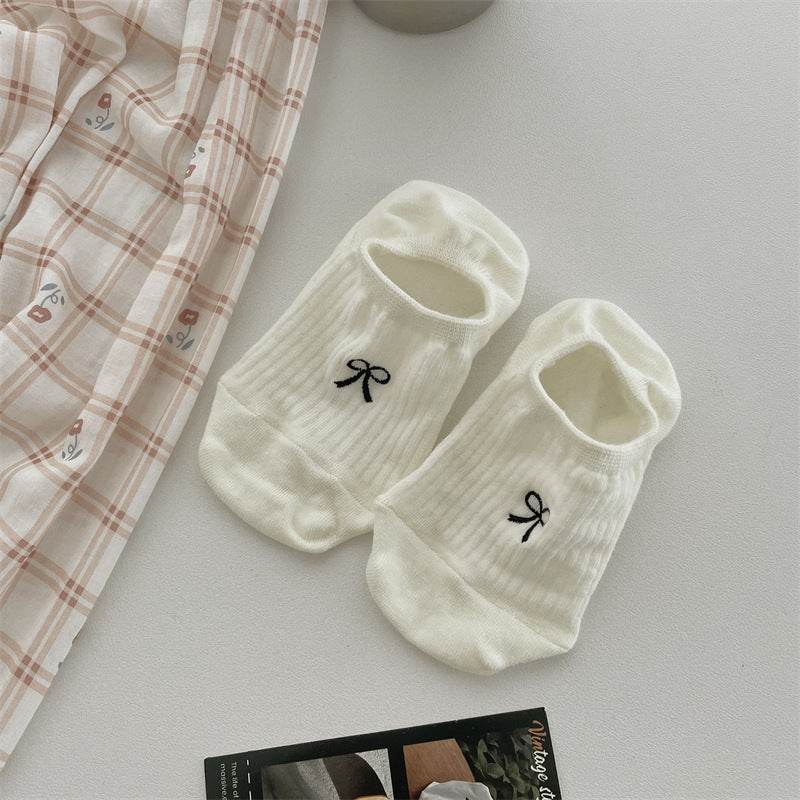 Bow Embroidery Cotton Women's Low-cut Liners Socks - Mubimart