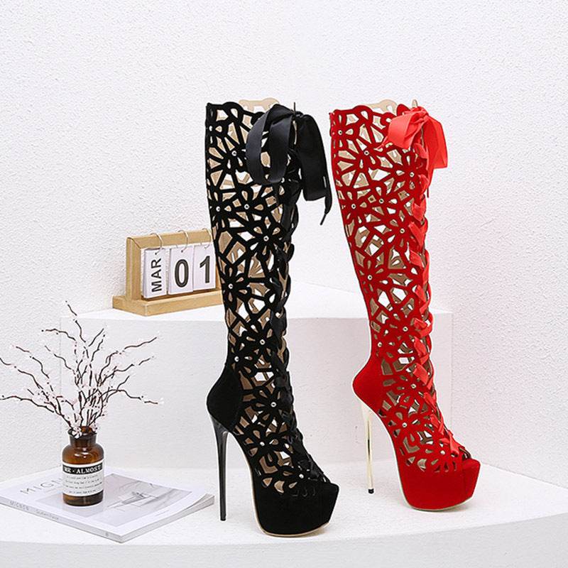 High-top Lace-up Peep Toe Hollow-out High Heels - Mubimart