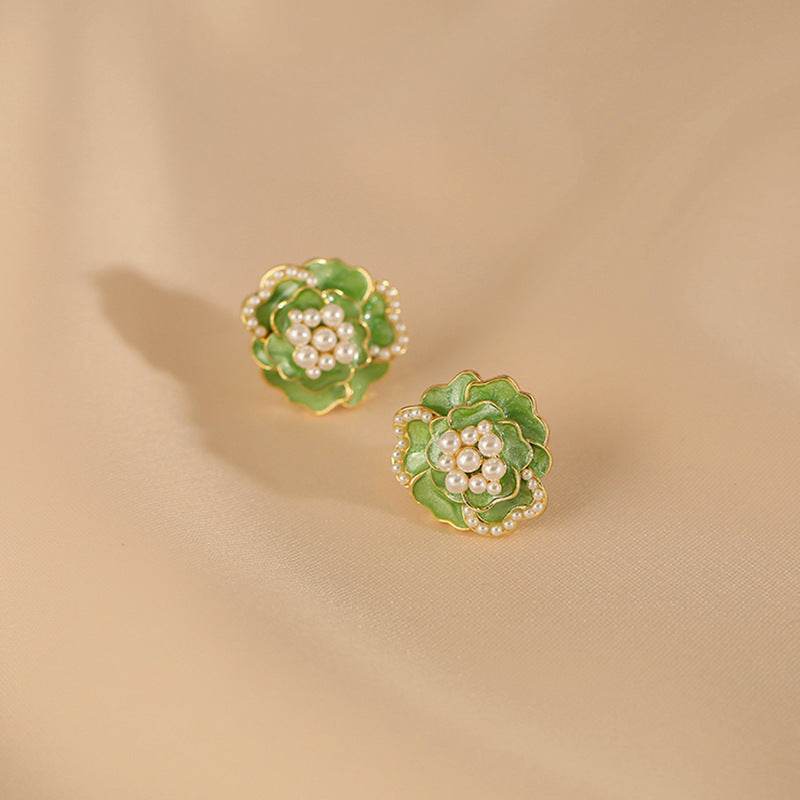 Sterling Silver Needle High-grade Temperament Camellia Pearl Ear Studs - Mubimart