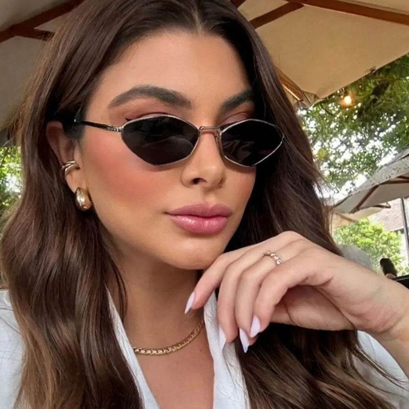 Cat Eye Metal Sunglasses Female Personality Polygon European And American Ins Small Frame - Mubimart
