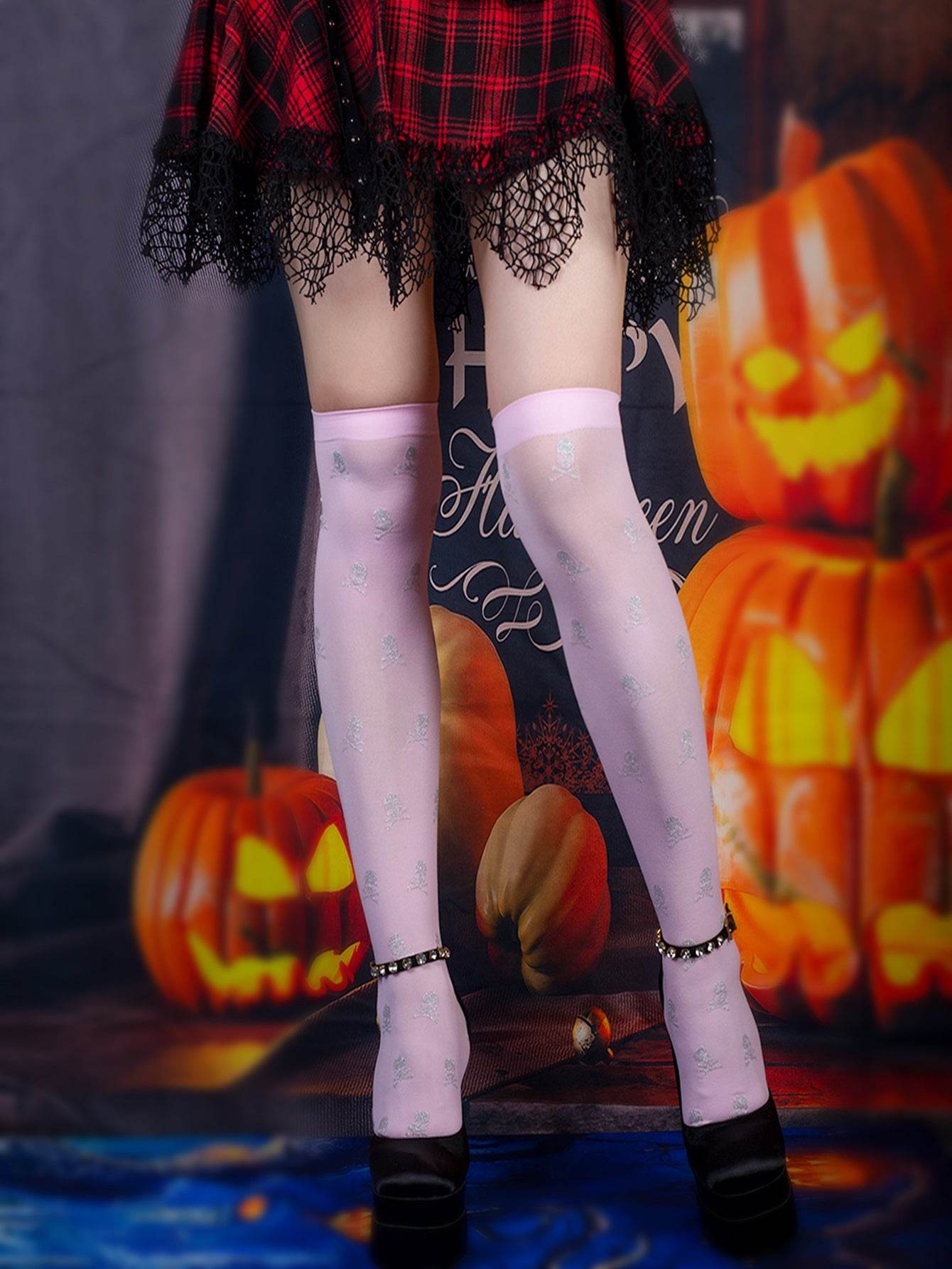Halloween Black Over-the-knee Printed Skull Thigh High Socks - Mubimart