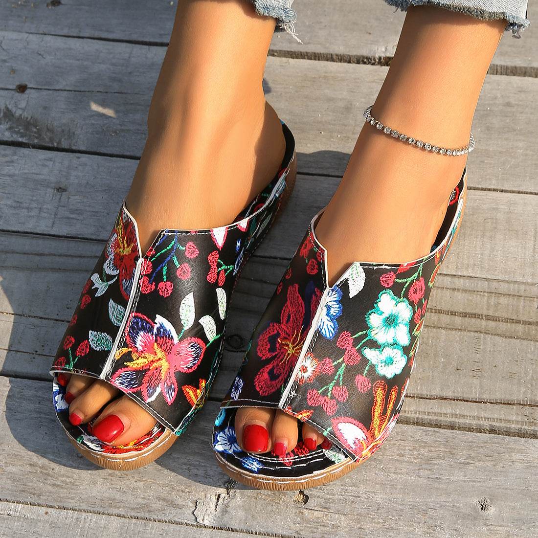 Peep Toe Wedge Fashion Simple Slip-on Fashion Sandal Slippers - Mubimart