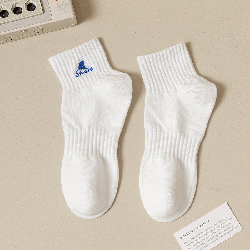 Black And White Embroidered Shark Pure Cotton Sweat Absorbing Athletic Socks - Mubimart -  