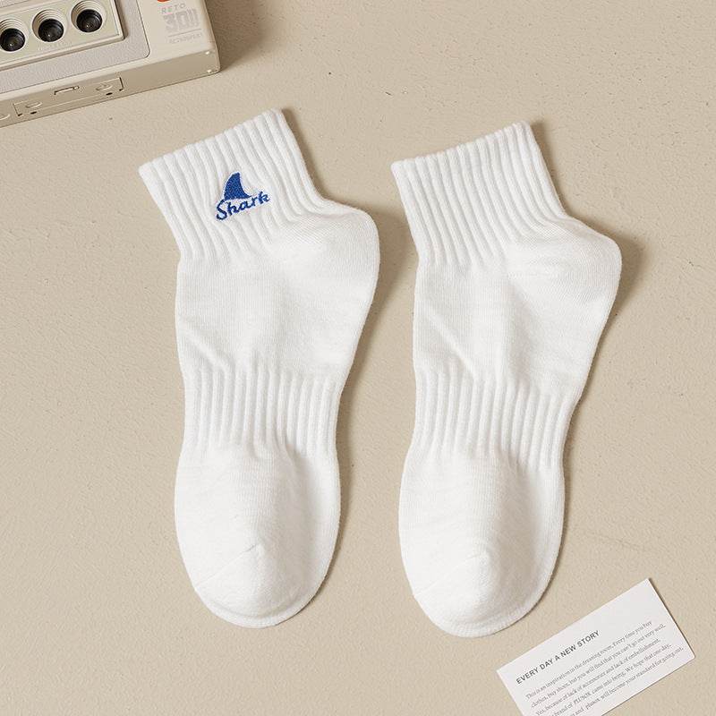 Black And White Embroidered Shark Pure Cotton Sweat Absorbing Athletic Socks - Mubimart