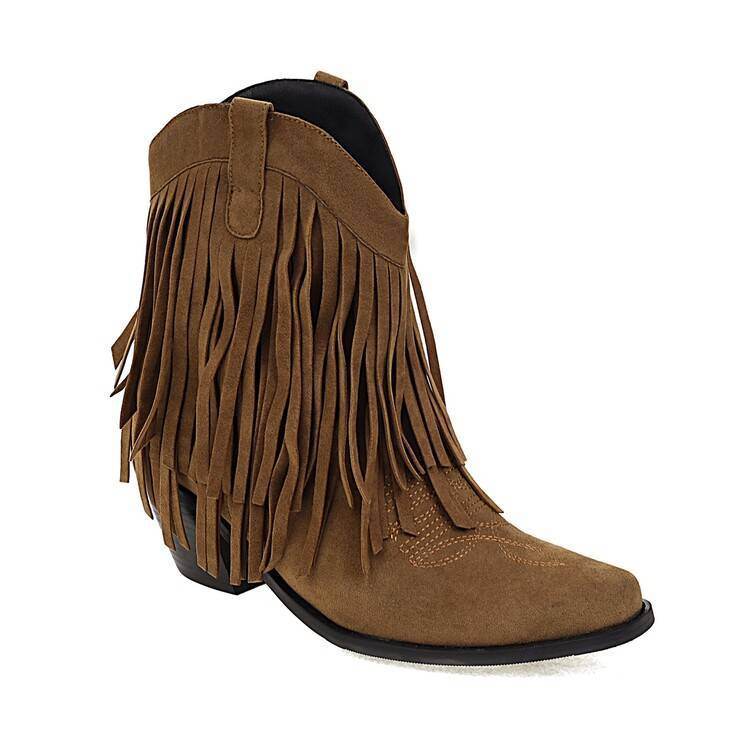 Cowboy Boot Embroidered Square Toe Chunky Heel Tassel Short Tube For Women - Mubimart