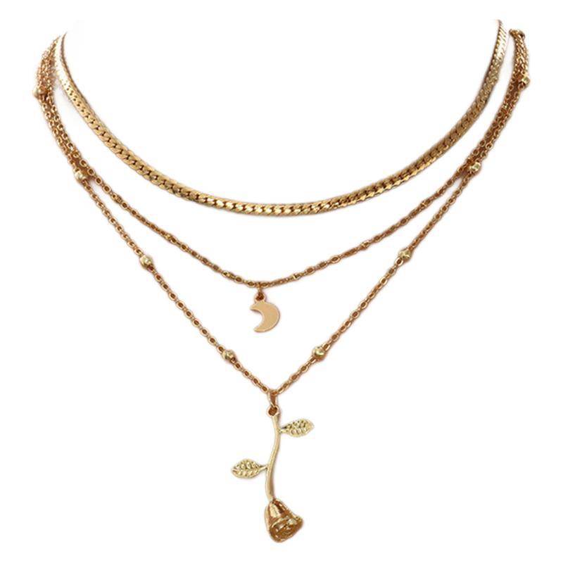 Bohemia Multilayer Moon Gold Color Pendant Necklaces For Women Rose Flower Choker Necklace 2025 Fashion Jewelry Party Gift Valentine's Day Gifts - Mubimart