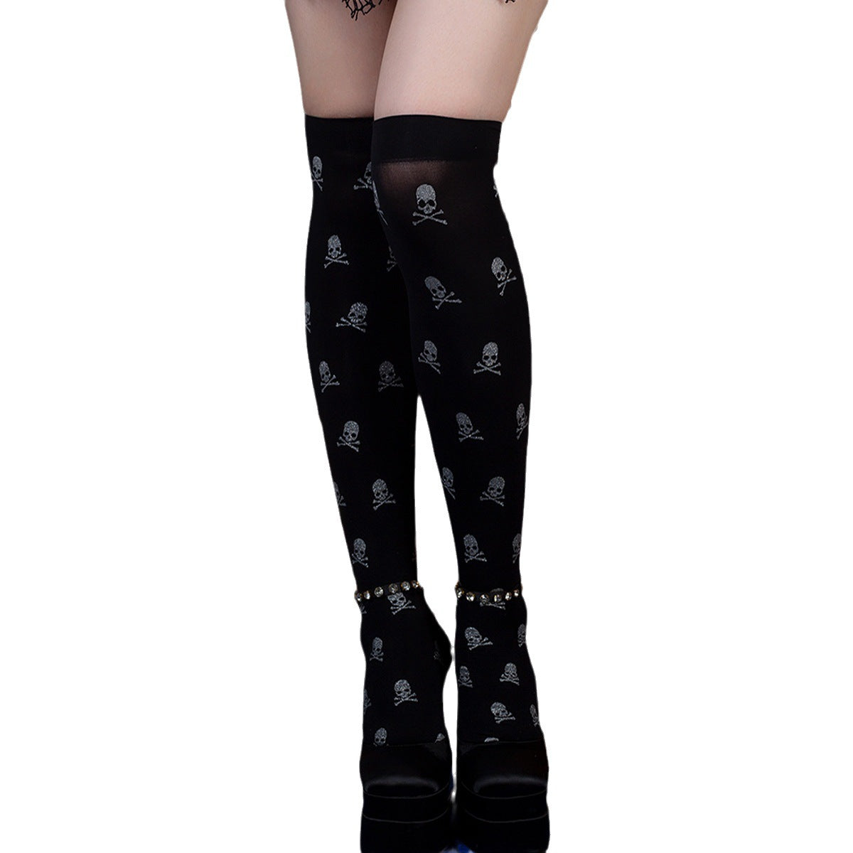 Halloween Black Over-the-knee Printed Skull Thigh High Socks - Mubimart -  