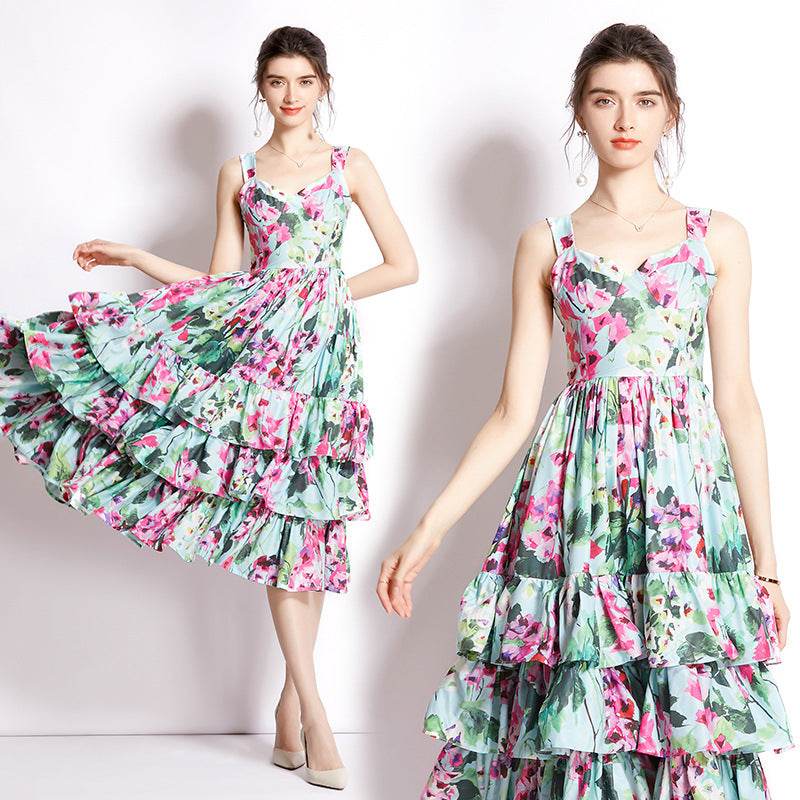Cake Skirt Printing Slip Dress - Mubimart