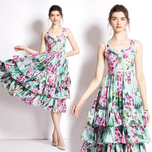 Cake Skirt Printing Slip Dress - Mubimart