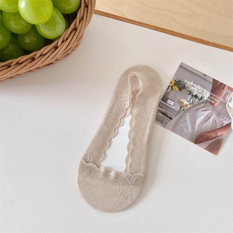 Maple Leaf Shallow Mouth Lace Invisible Terry Bottom Women's Low-cut Liners Socks - Mubimart