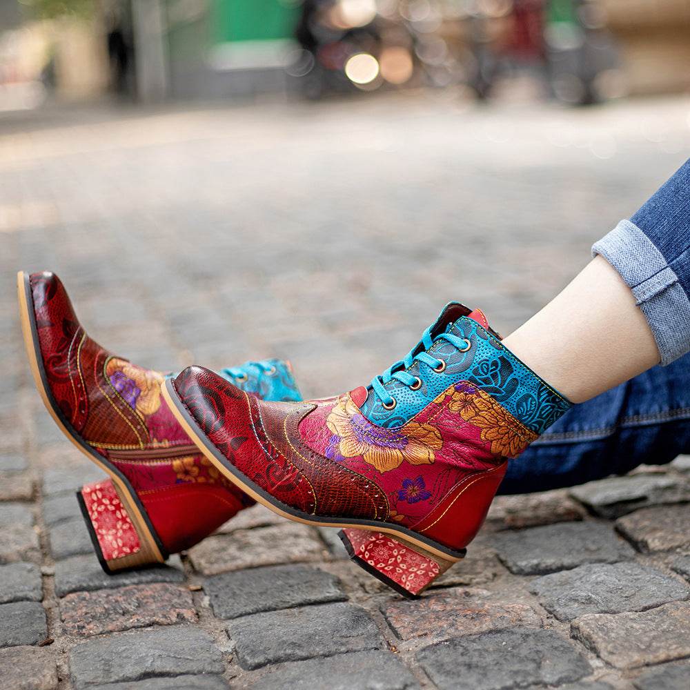 Casual Retro Ethnic Boots Lace Printing Dark Pattern Cowboy Boot - Mubimart