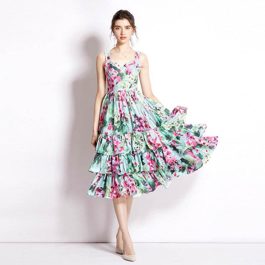 Cake Skirt Printing Slip Dress - Mubimart