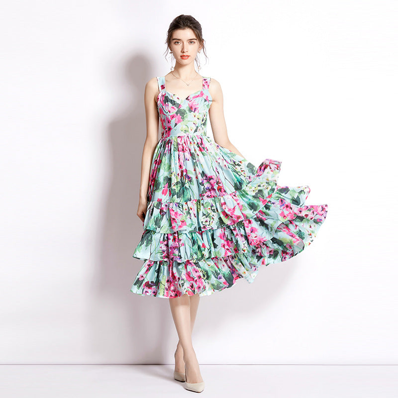 Cake Skirt Printing Slip Dress - Mubimart -  