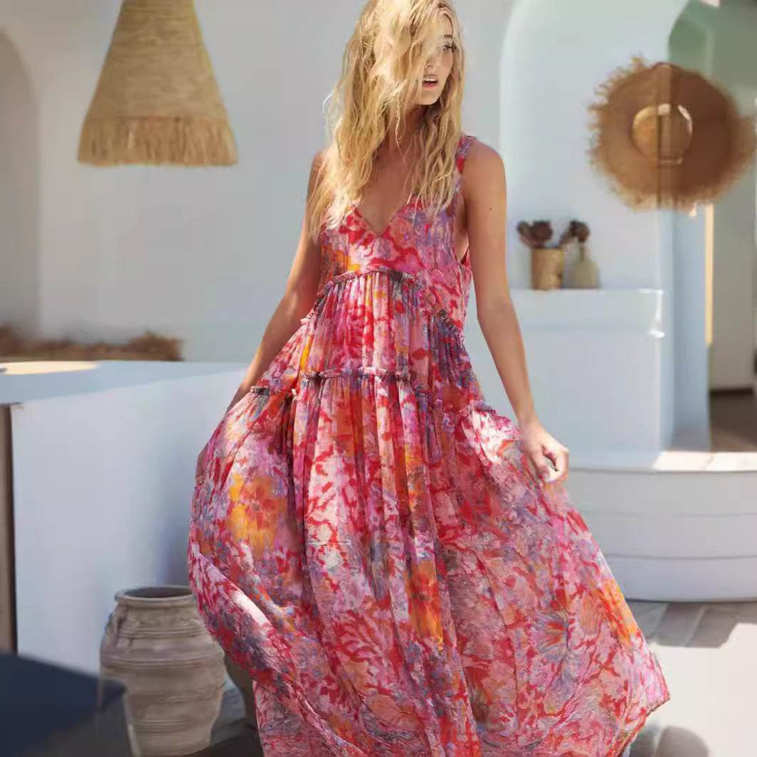 Women's Elegant Chiffon Printing Slip Dress - Mubimart