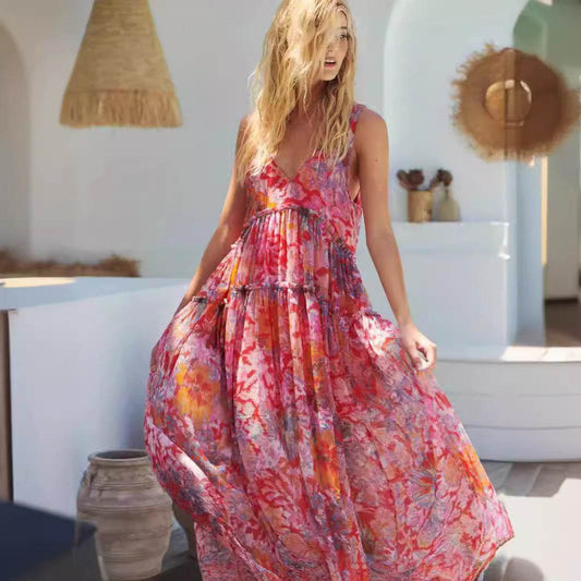 Women's Elegant Chiffon Printing Slip Dress - Mubimart