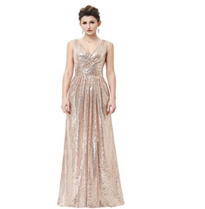 V-neck Slimming Long Sequin Formal Dress - Mubimart