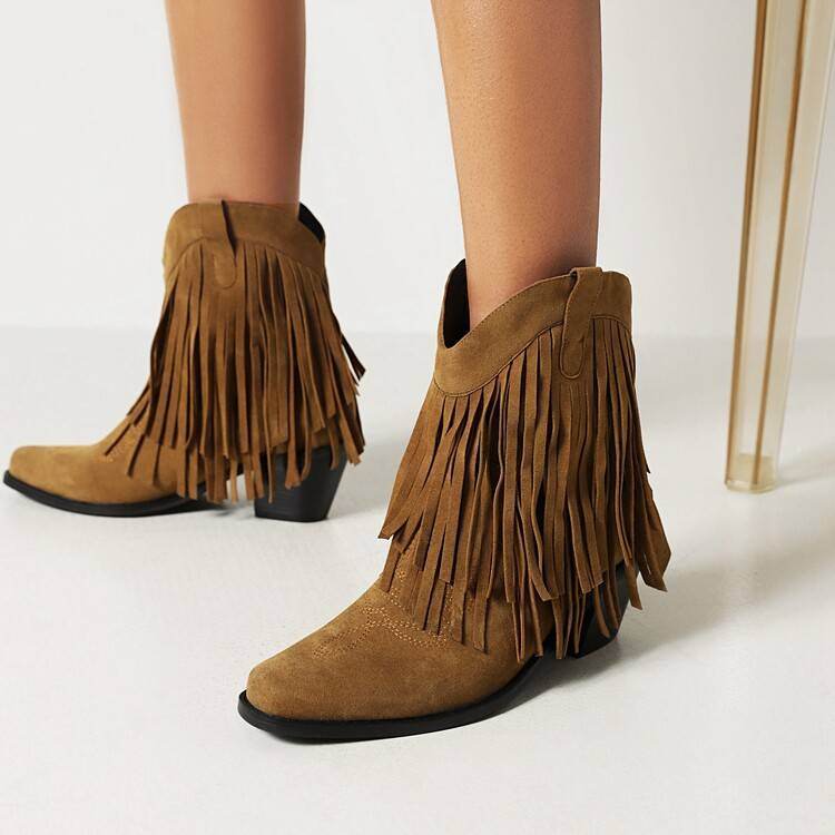 Cowboy Boot Embroidered Square Toe Chunky Heel Tassel Short Tube For Women - Mubimart
