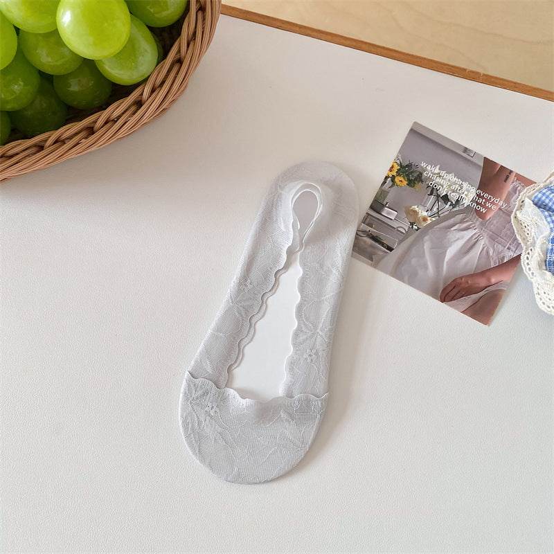 Maple Leaf Shallow Mouth Lace Invisible Terry Bottom Women's Low-cut Liners Socks - Mubimart