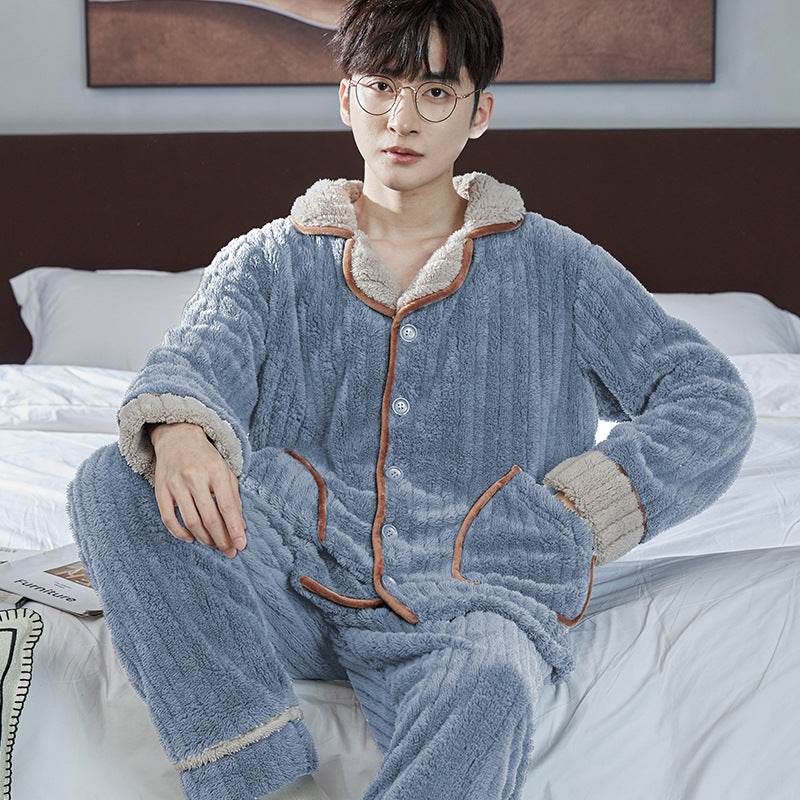Pajamas Men's Jacquard Flannel Loose Fleece-lined Warm Loungewear - Mubimart