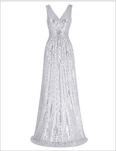 V-neck Slimming Long Sequin Formal Dress - Mubimart