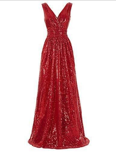 V-neck Slimming Long Sequin Formal Dress - Mubimart