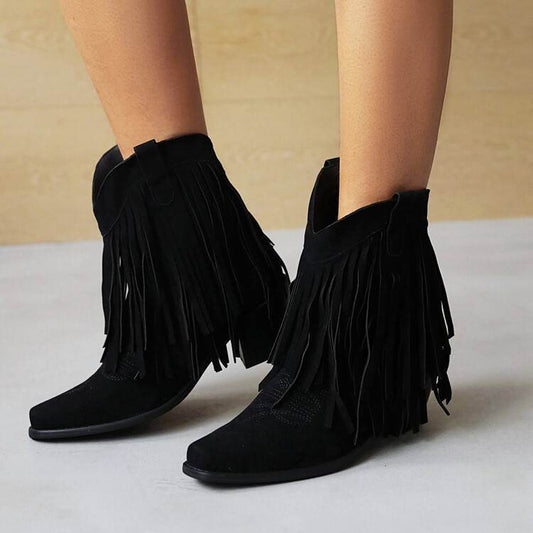 Cowboy Boot Embroidered Square Toe Chunky Heel Tassel Short Tube For Women - Mubimart