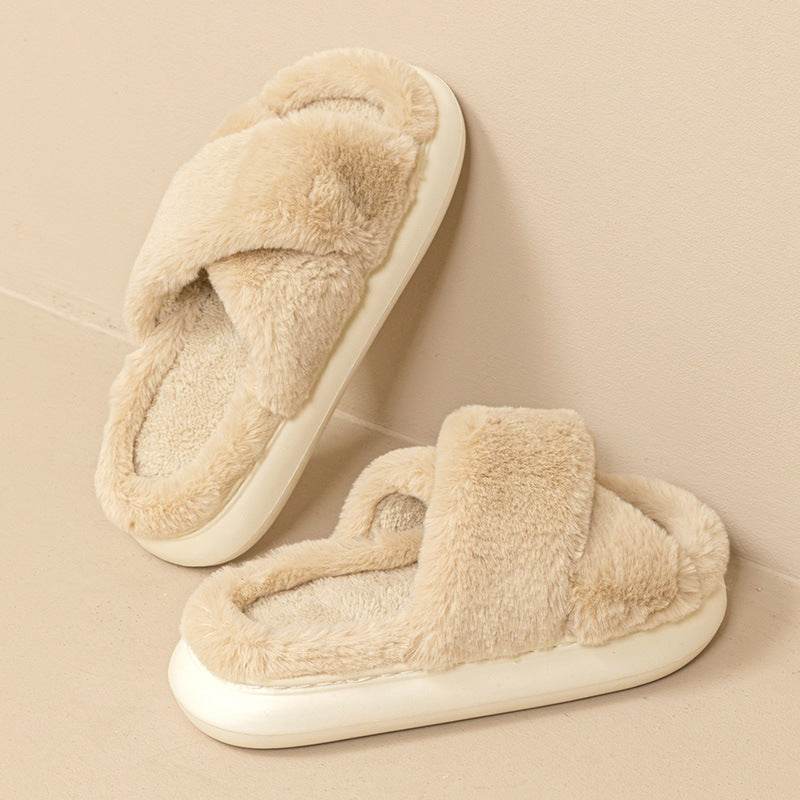 Fashion Cross Fluffy Slippers Women - Mubimart