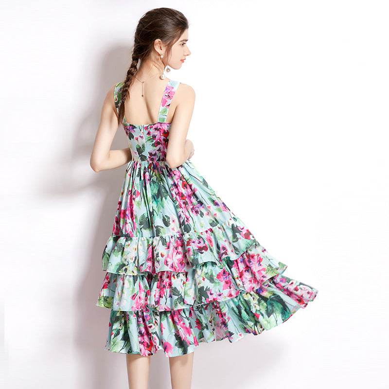 Cake Skirt Printing Slip Dress - Mubimart