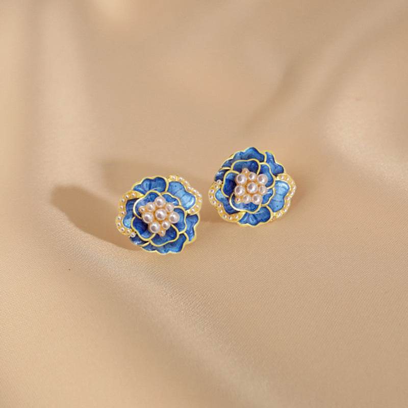 Sterling Silver Needle High-grade Temperament Camellia Pearl Ear Studs - Mubimart