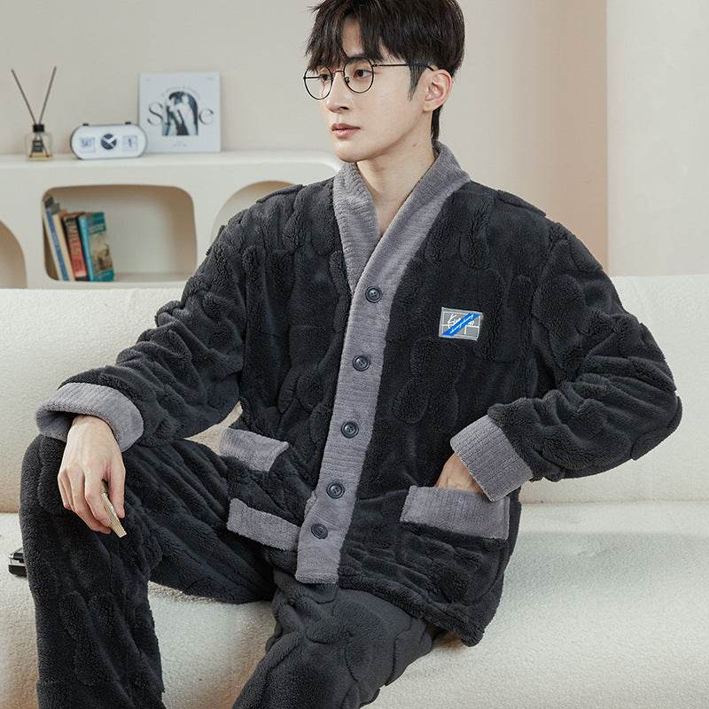 Pajamas Men's Jacquard Flannel Loose Fleece-lined Warm Loungewear - Mubimart