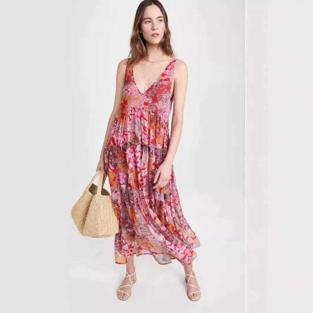 Women's Elegant Chiffon Printing Slip Dress - Mubimart -  