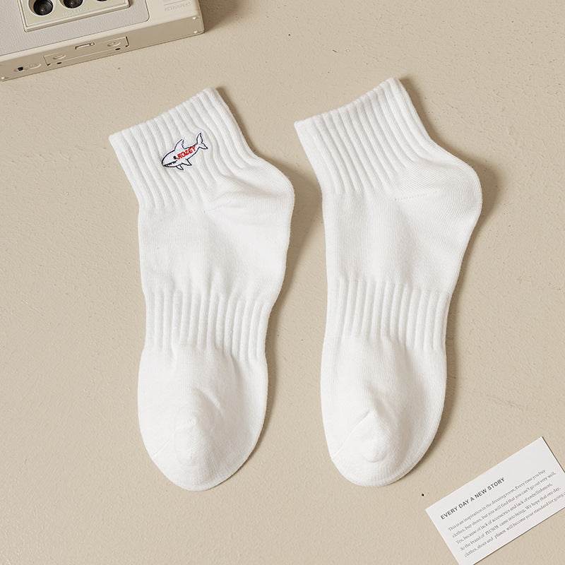 Black And White Embroidered Shark Pure Cotton Sweat Absorbing Athletic Socks - Mubimart