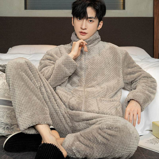 Pajamas Men's Jacquard Flannel Loose Fleece-lined Warm Loungewear - Mubimart