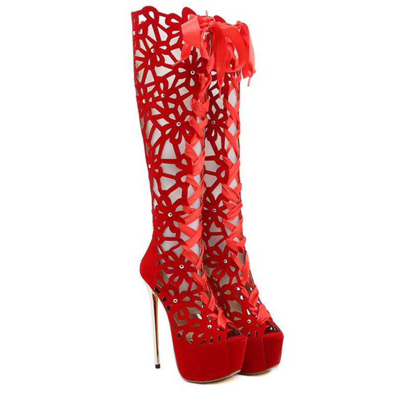 High-top Lace-up Peep Toe Hollow-out High Heels - Mubimart