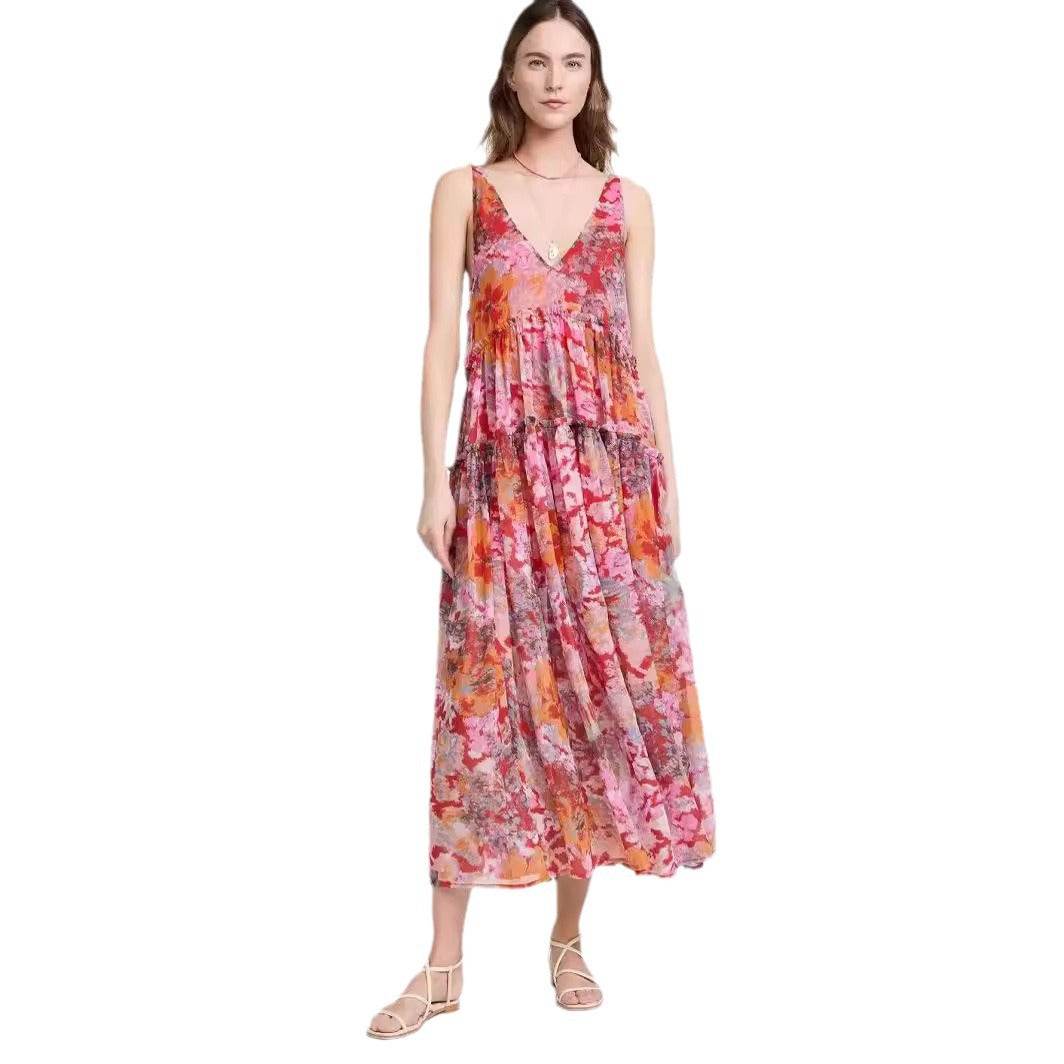 Women's Elegant Chiffon Printing Slip Dress - Mubimart