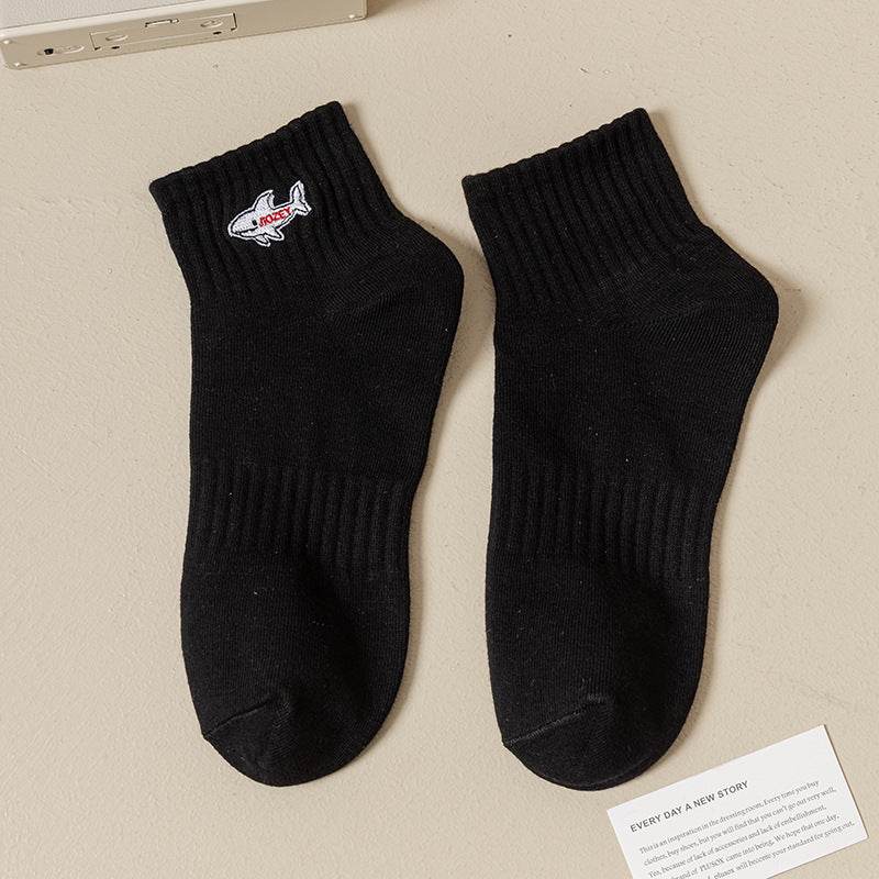Black And White Embroidered Shark Pure Cotton Sweat Absorbing Athletic Socks - Mubimart