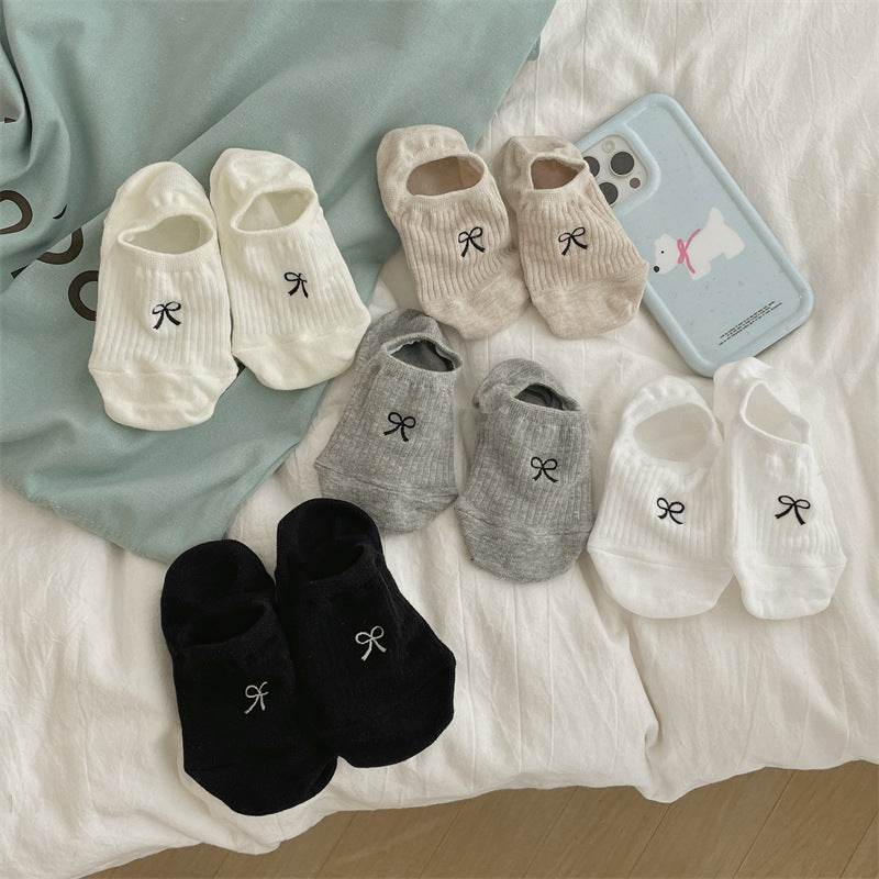 Bow Embroidery Cotton Women's Low-cut Liners Socks - Mubimart