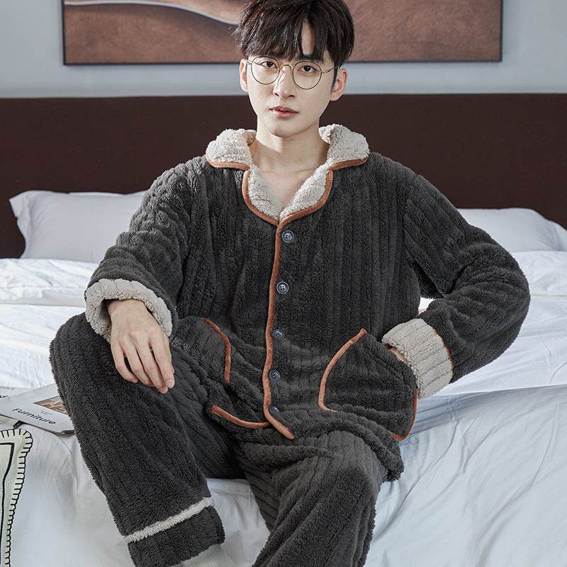 Pajamas Men's Jacquard Flannel Loose Fleece-lined Warm Loungewear - Mubimart