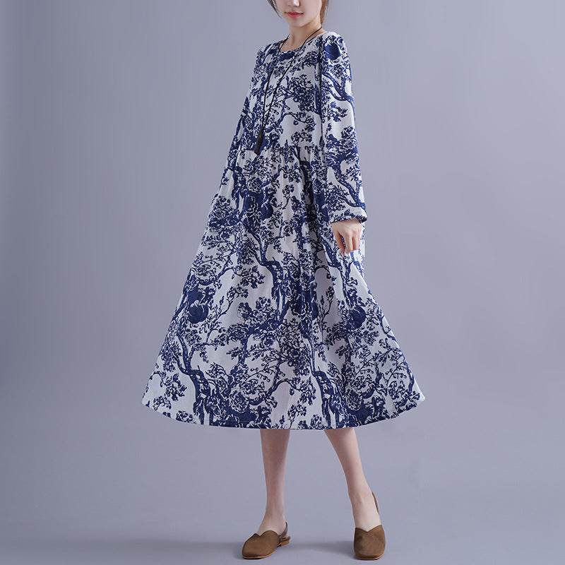 Blue And White Porcelain Robe Plus-sized Loose Dress - Mubimart