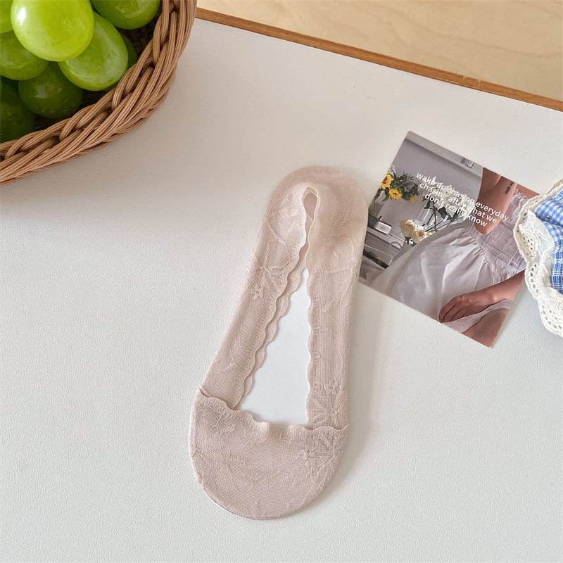 Maple Leaf Shallow Mouth Lace Invisible Terry Bottom Women's Low-cut Liners Socks - Mubimart
