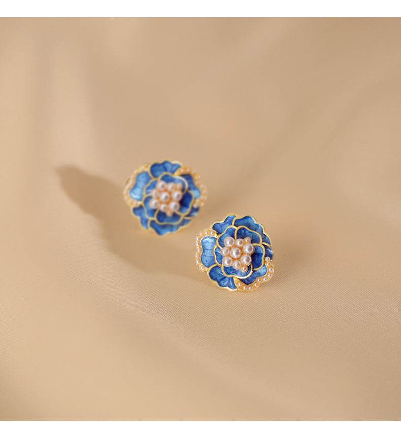 Sterling Silver Needle High-grade Temperament Camellia Pearl Ear Studs - Mubimart