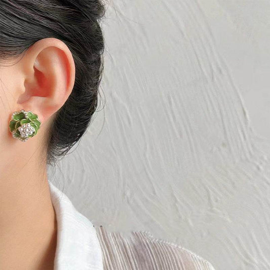 Sterling Silver Needle High-grade Temperament Camellia Pearl Ear Studs - Mubimart
