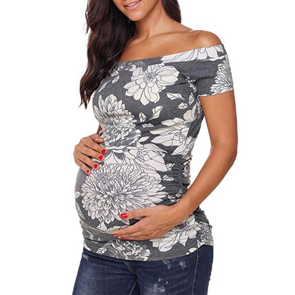 Off Shoulder Short Sleeve Side Ruched Pregnancy T-Shirt Classic Summer Clothes Pregnant Mama - Mubimart